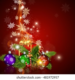 Christmas card with Christmas balls, gift and Christmas tree.