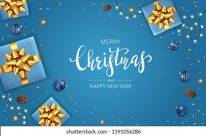 Christmas card with balls, holiday decorations, gifts with golden bow, lights, pine cones and shiny stars on blue background. Illustration can be used for Christmas design, posters, cards, banners.