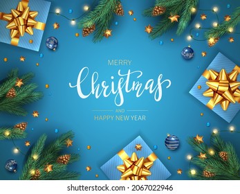 Christmas card with balls, holiday gifts with golden bow, fir tree branches, pine cones and shiny stars on blue background. Illustration for Christmas design, posters, cards, websites, banners