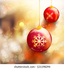Christmas card, balls on abstract bokeh light background, (vector illustration)