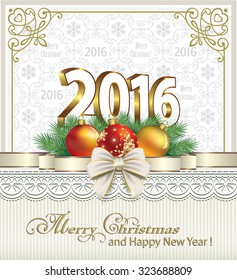 Christmas card with balls on the background of the ornament