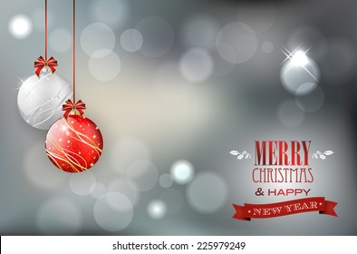 Christmas card with christmas balls on shiny background and place for your text. Vector illustration.