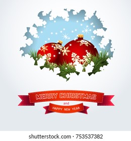 Christmas card with Balls, pine branches and winter Snowflakes, red Ribbon with congratulation text New Year. Vector illustration