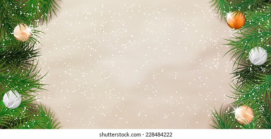 Christmas card with balls, spruce and snow - vector illustration