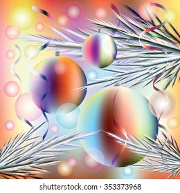 Christmas card with Christmas balls and tree branches with confetti on multicolored background