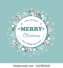 Christmas card, banner, background. Elements of Christmas design. Acorns, pine cones and rowan berries on a blue background. Vector illustration.