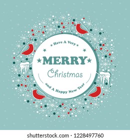 Christmas card, banner, background. Elements of Christmas design. Bullfinches and sprigs with red berries on a blue background.Vector illustration.