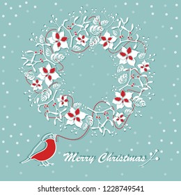 Christmas card, banner, background. Elements of Christmas design.  Bullfinch holds Christmas beads from wreath in its beak on a blue background.Vector illustration.