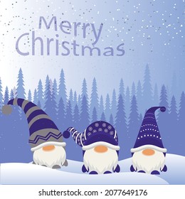 Christmas card, banner with gnomes.Gnomes in the forest, in snowdrifts.It is snowing.For congratulations and decoration of the holiday.Illustration, vector.