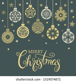 Christmas card or banner. Hanging Christmas balls of garlands and stars. Congratulatory text. Christmas holidays concept Xmas. flat vector illustration isolated 