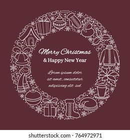 Christmas card or banner with holiday icons on a round frame. White silhouettes of a snowman, Santa cap, ball, pendant, lantern, mittens, on a tawny background. Sketch hand drawing style. Vector