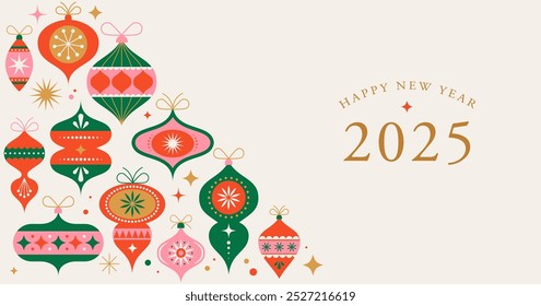 Christmas card, banner in modern minimalist geometric style. Merry Christmas colorful illustration in flat cartoon style. Xmas backgrounds with vector geometric patterns, stars