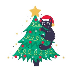 Christmas Card, Banner Or Poster Template With Christmas Tree And Cute Black Cat Climbing On It
