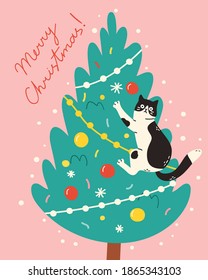 Christmas card, banner or poster template. Vector illustration of a naughty cat climbing a decorated Christmas tree. Design for winter holidays in modern hand drawn style.