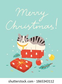 Christmas card, banner or poster template. Vector illustration of an adorable cat sitting in a gift box with Christmas ornaments around. Hand drawn cartoon style.