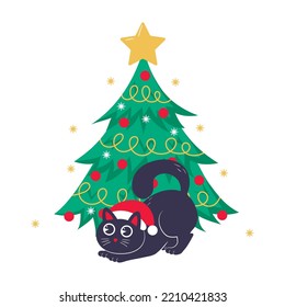 Christmas card, banner or poster template with a Christmas tree and a cute black cat playing under it