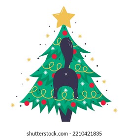 Christmas card, banner or poster template with christmas tree and cute black cat booty sticking out of it