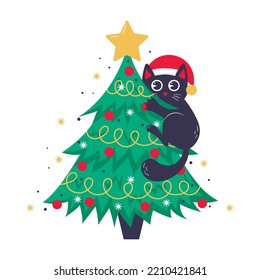Christmas card, banner or poster template with christmas tree and cute black cat climbing on it