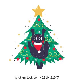 Christmas card, banner or poster template with christmas tree and cute black cat climbing on it