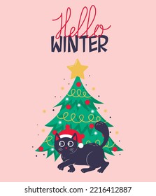 Christmas card, banner or poster template with a Christmas tree and a cute black cat walking near it with the inscription hello winter
