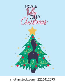 Christmas card, banner or poster template with christmas tree and cute black cat sticking out of it with have a olly jolly christmas lettering