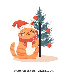 Tarjeta de Navidad, Anuncio o cartel de Plantilla con árbol de Navidad y lindo gato rojo.