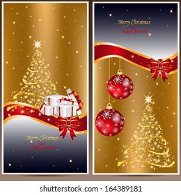 Christmas card, banner, with a shiny gold background and red bow, vector