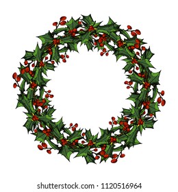 Christmas card, a banner with a wreath of red flowers poinsettia, holly leaves.