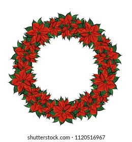 Christmas card, a banner with a wreath of red flowers poinsettia, holly leaves.