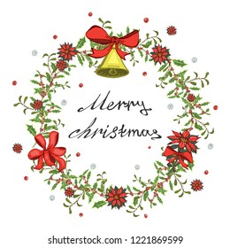 Christmas card, banner with a wreath of red poinsettia flowers, mistletoe with a bell and a bow.