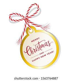 Christmas card Christmas bauble, Gift label, Gift tag with gold rim and ribbon bow,
Vector illustration isolated on white background
