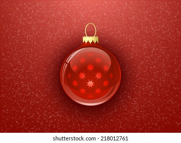 Christmas card. Christmas bauble on red background with snowflakes