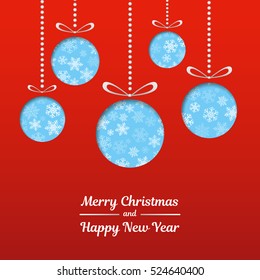 Christmas card with baubles on red background. Vector.