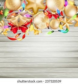 Christmas card with baubles on Wooden board. EPS 10 vector file included