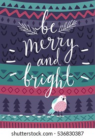 Christmas card "Be marry and bright", hand drawn style. Vector illustration.