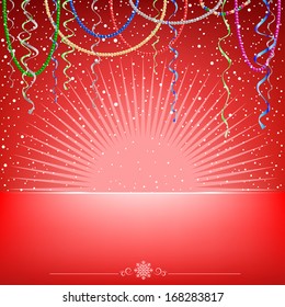 The Christmas card with beams, ribbons, beads and snow on the red mesh background