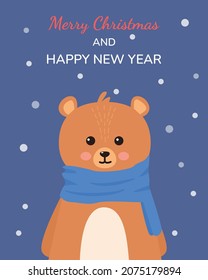 Christmas card with bear. Cute bear in blue scarf. Winter vector illustration.