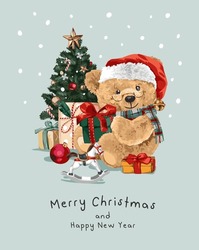 Christmas Card With Bear Doll Holding Present And Christmas Tree Vector Illustration