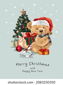 Christmas card with bear doll holding present and Christmas tree vector illustration