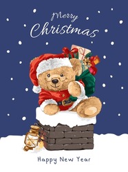 Christmas Card With Bear Doll Santa In Chimney Vector Illustration