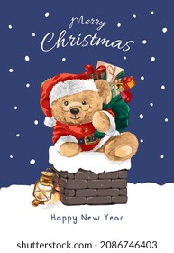 Christmas card with bear doll Santa in chimney vector illustration