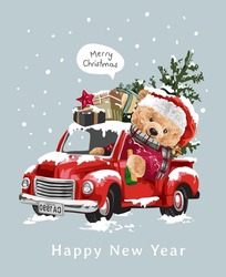 Christmas Card With Bear Doll And Christmas Tree On Truck Vector Illustration 