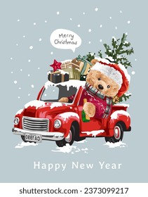 Christmas card with bear doll and christmas tree on truck vector illustration 