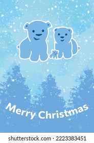 Christmas card bear family. Blue color. Background with christmas trees and snowfall. Vector illustration.