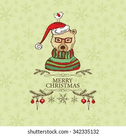 Christmas card with bear. hand drawn 