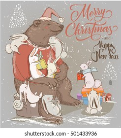 christmas card with bear and hares