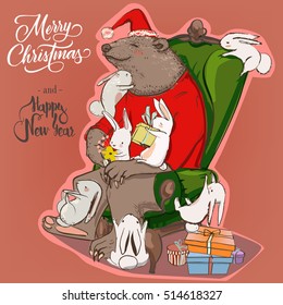 christmas card with bear and hares