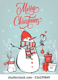 christmas card with bear and hares
