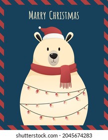 Christmas card. Bear in a Christmas hat and shining lanterns. Vector illustration
