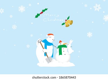 Christmas card. A bear and a rabbit making a snowman on a blue winter background.